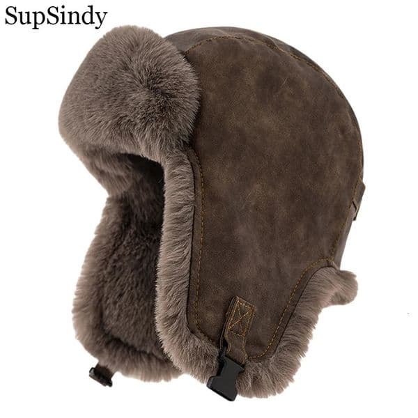 SupSindy Men Winter Bomber Hat Outdoor Motorcycle Windproof Thicken Warm Faux Fur Pilot Earflap Hat Leather Thermal Ushanka 251011