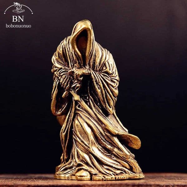 brass Holy Death Statue Standing Religious Decorative Figurine Grim Reaper Holding Scythe Statue Altar Halloween M251014