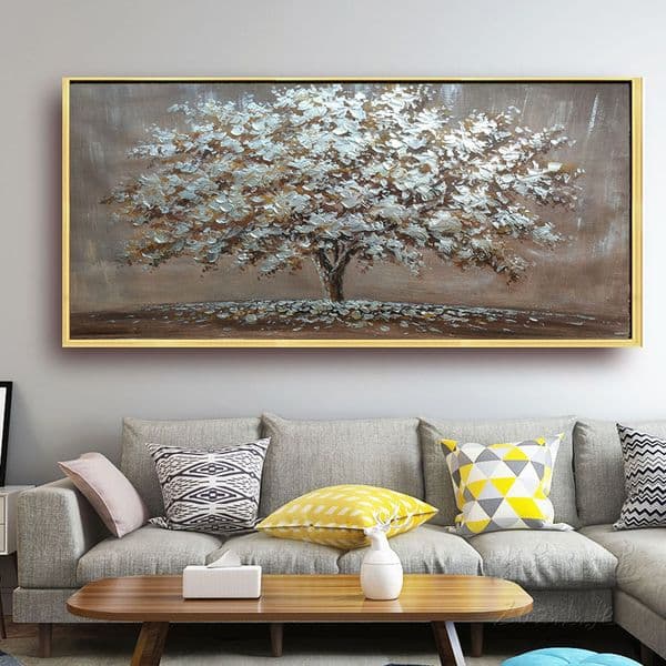 Texture Abstract Silver Tree Oil Painting On Canvas, Original Blooming Tree Painting, Large Wall Art, Modern Living Room Home Decor