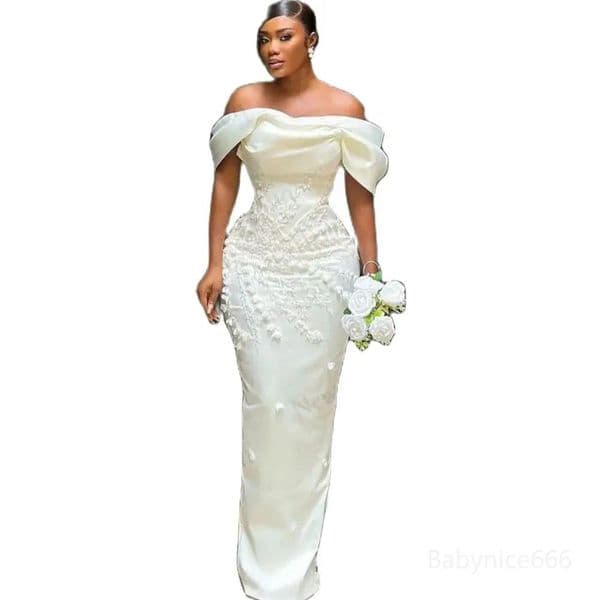 Off-the-Shoulder Bridesmaid Dress - Long Sheath Bodycon Wedding Guest Gown with Appliques Back Split