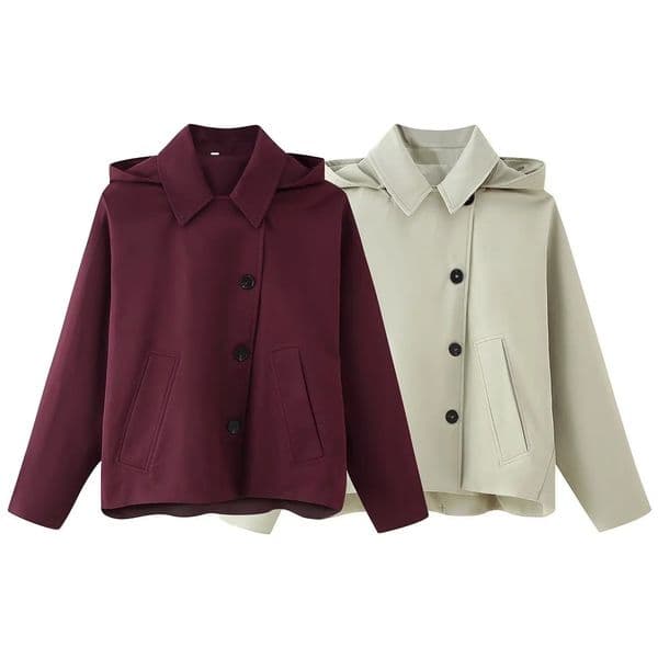 Spring 2025 womens versatile lapel singlebreasted long sleeve pocket hooded windbreaker jacket 251015