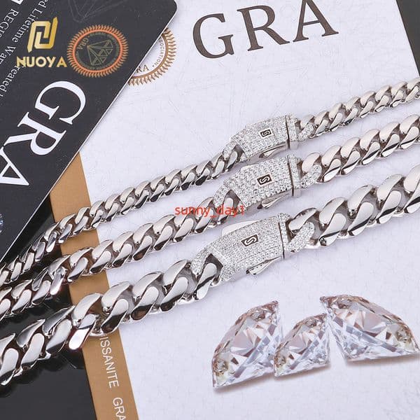 NUOYA High Quality 925 Sterling Silver Cuban Link Chain Iced Out Moissanite Diamond Clasp Smooth Chain Necklace Gift for Women Designer