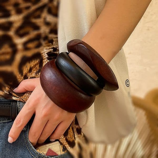 Maillard Vintage Punk Coffee Black Wood Bangles Fashion Hip Hop Round Geometric Wide Bangles Women Men Bracelet Jewelry 251013
