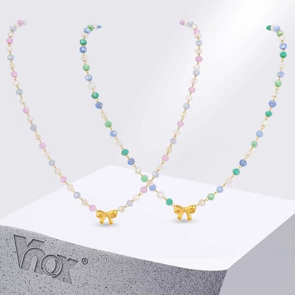 Vnox Colored Beaded Necklace For Women Bohemian Fashion Jewelry On The Neck Metal Bow Pendant Chain Choker Gift Daily 251015