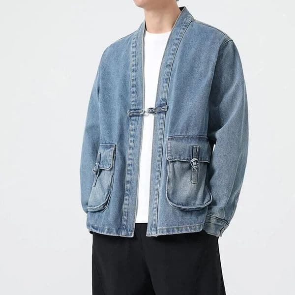 Fashion Men Denim Jacket Cotton Kimono Japanese Pocket Cardigan Coat Vintage Traditional Jackets Men Hip Hop Loose Outwear 251013