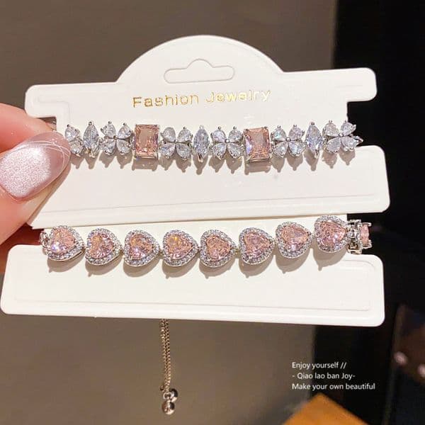 Silver - Toned Bracelet With Pink Rectangular Gemstones Rhinestone Floral Marquise Accents Delicate Daily Elegant Jewelry Gift For Luxurious Accessory