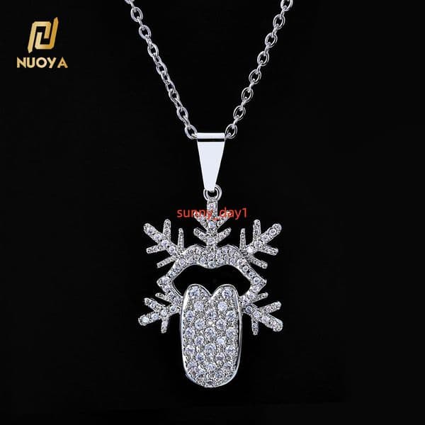 NUOYA Fashion Christmas Jewelry Iced Out Silver Plated Diamond Tongue Shape Snowflake Pendant for Men Women Luxury Gift Necklace Designer
