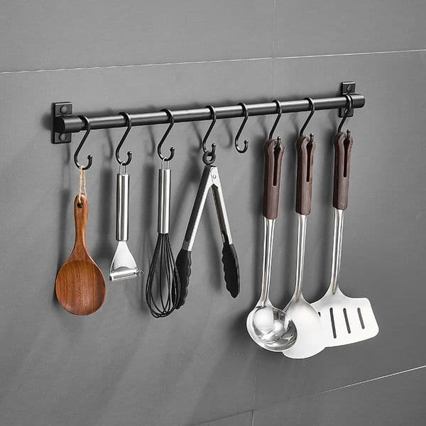 Black Metal Kitchen Utensil Hanging Rack with Multiple Hooks