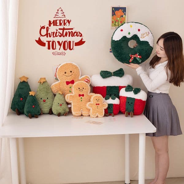 Colorful Christmas Plush Pillows with Santa Tree & Gingerbread Man Decorations for Gifts