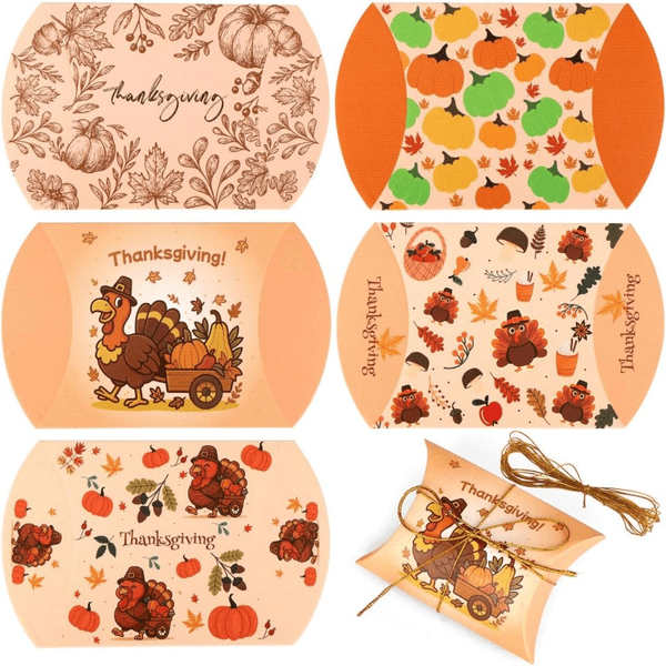 Thanksgiving Pillow Boxes Fall Pillow Boxes with Pumpkin Maple Leaves Apple Acorn Mushroom Pear Design Element for Thanksgiving Autumn Fall Party Supplies