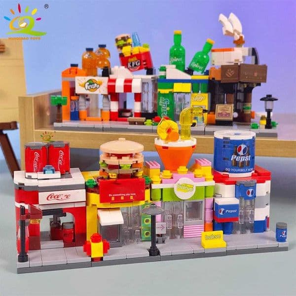 HUIQIBAO Moc City Street View Mini Building Blocks DIY City Commercial Street Coffee Shop Puzzle Toys Home Ornaments Decoration Z260515