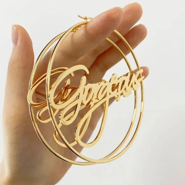 Nameplate Hoop EarringsCustom EarringsGold Name Earrings Minimalism EarringStatement Large Big Hoops Gift for Friends60mm 251014
