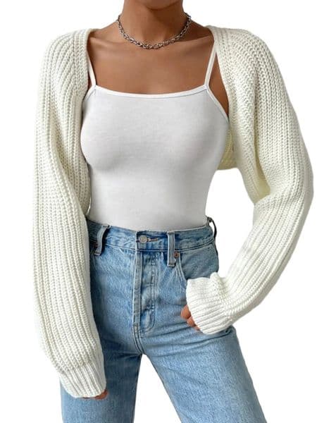 Women s Open Front Cropped Cardigan Long Sleeve Solid Color Ribbed Knit Shrug Sweater Bolero Tops 251010