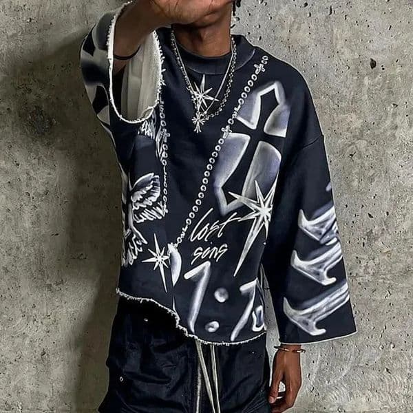 Y2k HipHop Oversized Graphic Full Print Cropped Top for Men Loose Three Quarter Sleeve Tees Retro Tie Dye Cross T Shirts Gothic 251016