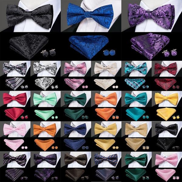 HiTie Silk Pretied Mens Bowtie Hanky Cufflinks Set Bow Tie Cravat for Male Jacquard Solid Paisley Floral Men Wedding Business 251015