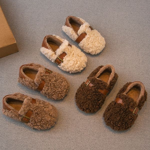 New children's woolen leather shoes autumn and winter Korean style girls' wool slip on cotton shoes baby wool lining soft sole