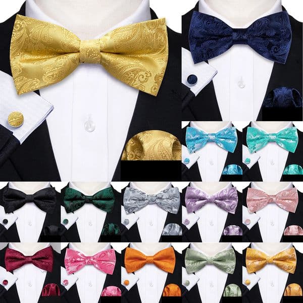 BarryWang Silk Jacquard Paisley Mens Bow Tie Hanky Cufflinks Set PreTied Bowtie Gold Red Green Pink Purple Wedding Business 251015