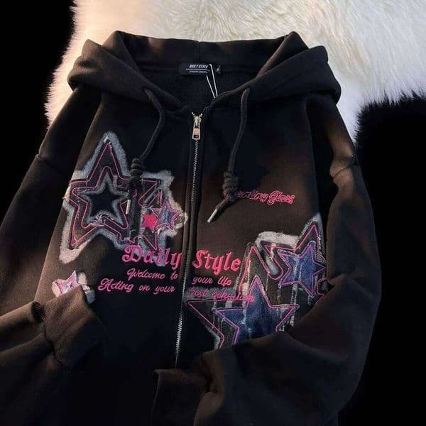 Aesthetic Star Print Cardigan Up Sweatshirt Men Women Autumn Winter Loose Tide Brand Couple Hooded Zip Jacket Haruku Y2k