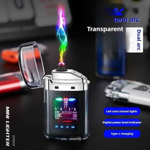 Transparent Windproof Double Arc Electronic Pulse USB Lighter LED Color Light Battery Display Portable Typec Electric Lighters C251016