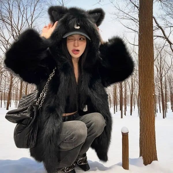 Winter Fox Fur Coat Women Clothing Winter Jacket Hoodie Cute Cat Ears Loose Warm Black Faux Fur Jacket for Women 251016