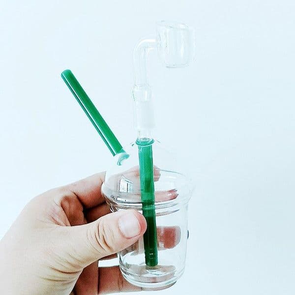 Elegant Green Colored Hand Blown Glass Bong Set Including a Percolator and Ash Catcher
