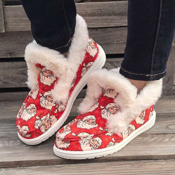 Women's Winter New Flat Bottomed Outdoor Casual Warm Furry Cloth Shoes, Christmas Elderly Print Comfortable And Lightweight Soft Sole Low Top With Fleece Short
