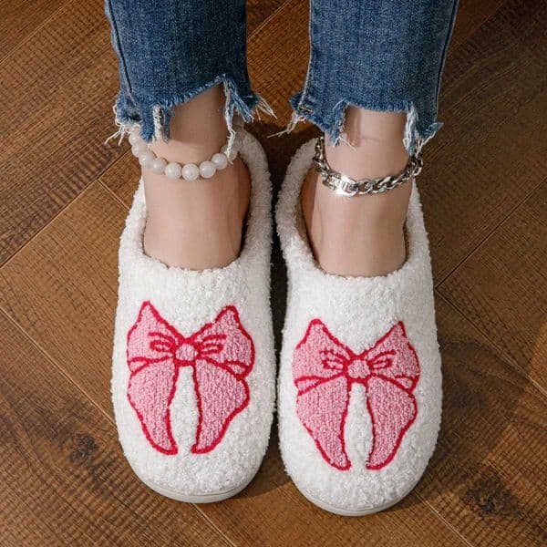 Winter Warm Lovely Bow Home Slippers For Women Men Cute Flower Embroidery Pattern Slides Family Christmas Gift Soft Cotton Shoes T251016
