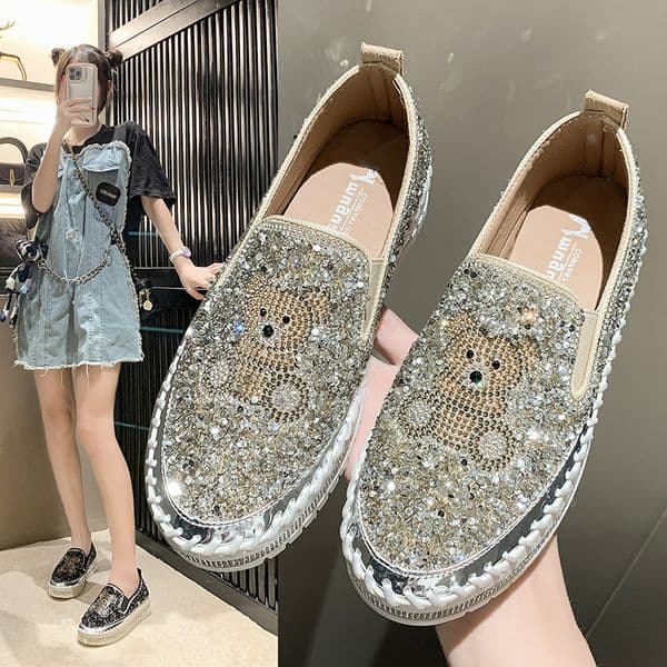 Women Cartoon Bear Thick Bottom Sneaker Running Fashion Designer Woman Shoes Luxury Rhinestone Casual Shoes Comfortable Leisure Loafers Zapatillas Mujer