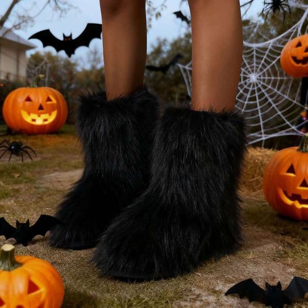 Women's Mid-Calf Faux Fur Boots With Plush Fluffy Warm Snow Round Toe Flat Heel Platform, All-Season Casual Halloween Boots, Soft Fabric Upper & Non-Slip Rubber