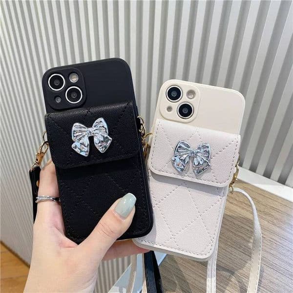 Sier Bow Leather Wallet Crossbody Lanyard Soft Case for iphone 15 14 Pro Max 13 11 12 X XR XS 7 8 plus SE 2022 Cover