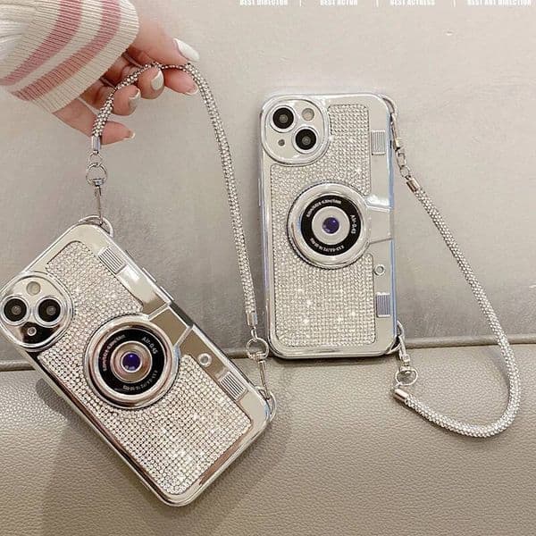 3D Camera Design Full Glitter Dia Wrist Strap Case For iPhone 15 Pro Max 14 13 11 12 16 Plus Plating Sier Hand Chain Cover