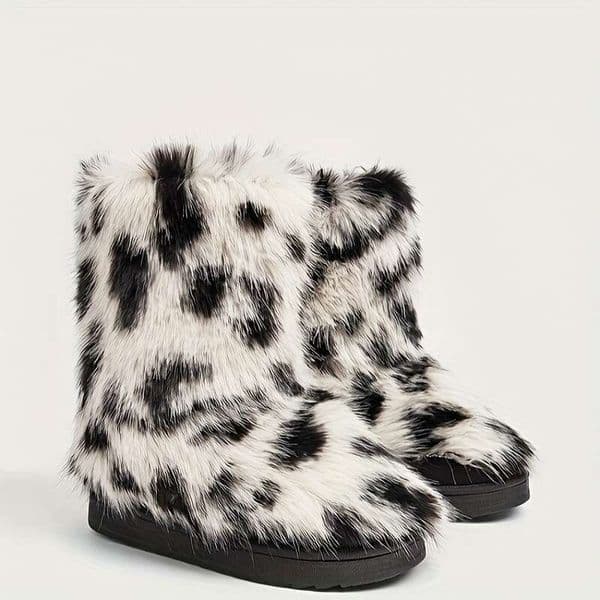 Women's Cozy Slip-On Mid-Calf With Thick Rubber Sole - Boots, Comfortable & Versatile For Attire, Casual Winter Leopard Print | Flannel Upper Boots