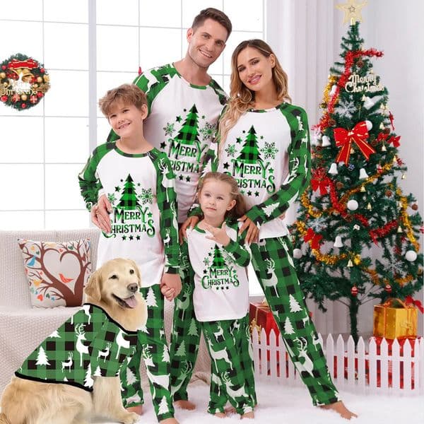 Xmas Matching Family Pajamas Set Xmas Green Cotton Print Pjs Adult Child Clothing Outfit set Baby JumpsuitDog Clothes 251014