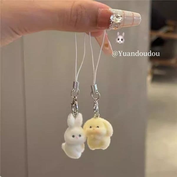 Cartoon Mini Animal Pendant Cute Flocked Round Bunny Keychain Accessory Phone Chain Bag Charm