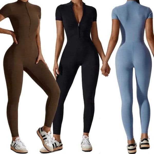 Naked zipper short sleeved yoga suit jumpsuit quick drying breathable outdoor sports tight fitting jumpsuit fitness suit T260401