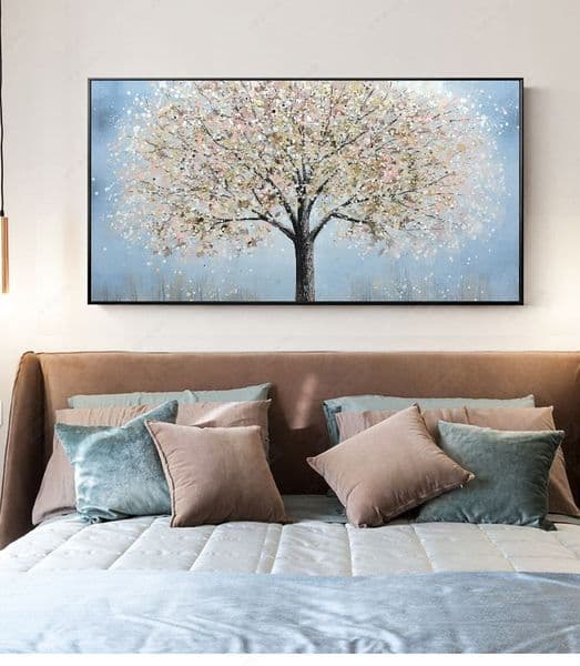 Texture Abstract White Blue Tree Oil Painting On Canvas, Original Blooming Tree Painting, Large Wall Art, Modern Living Room Home Decor
