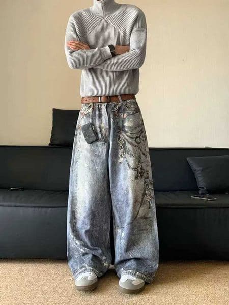 American Retro 3D Printed Chain Straight Leg Jeans Mens Design Sensation INS Long Trousers Trendy mid Waist Jeans J251016