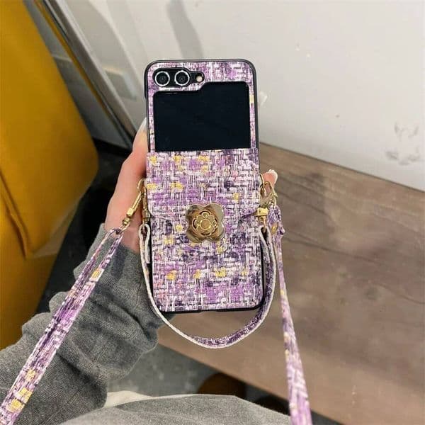 Crossbody Phone Case For Samsung Galaxy Z Flip 6 5 4 3 Flip6 Flip5 Flip4 Flip3 5G Card Holder Adjust Lanyard Weave Leather Cover