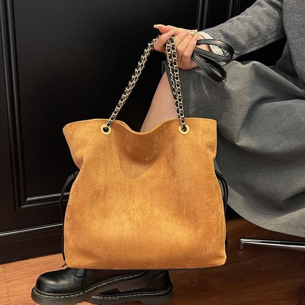 New Single-shoulder Bag for Women's Commuting Simple Drawstring Tote Bag Large-capacity Woolen Chain Crossbody Bag
