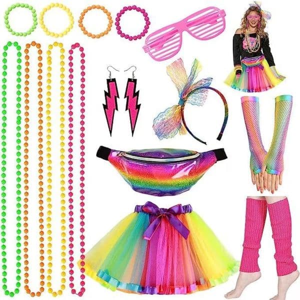 A collection of 15 women's clothing accessories, 80s fancy costumes and ballet suits, for girls at retro-themed Cosplay parties
