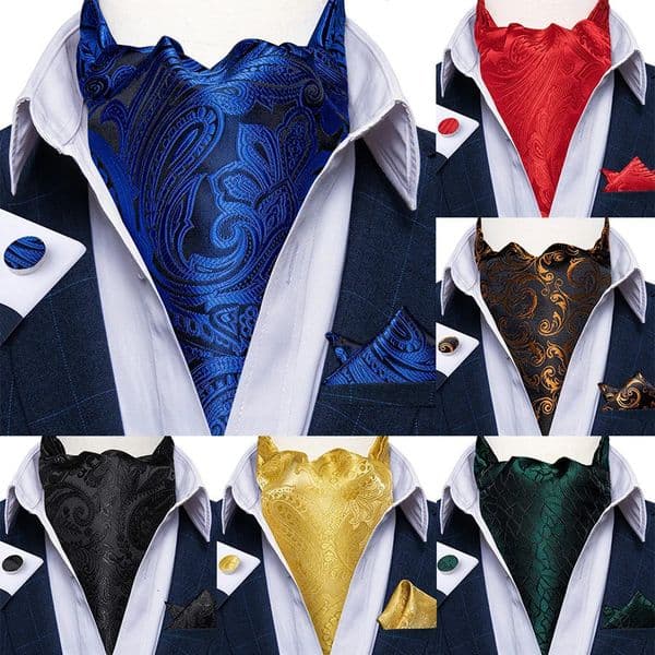 Ascot Ties for Men Paisley Floral Blue Black Cravat Necktie and Handkerchief Cufflinks Wedding Business Suits Accessories 251014