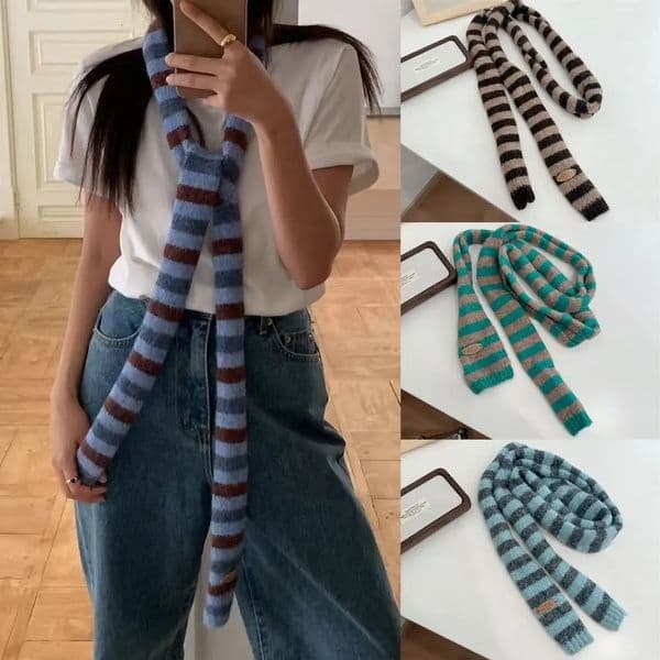 Korean Style Black Grey Stripe Women Long Scarves Knitted Slim Y2K Girl Scarf Warm Neck Cotton Thin Scarf Fashion Streetwear 251018