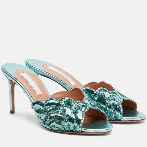 Top Design Women Ce Soir Mule 75 Sequins & Crystals embellished Scalloped Metallic Leather Sandals Shoes Peep-toe High Heels Lady Party Wedding Dress EU35-43
