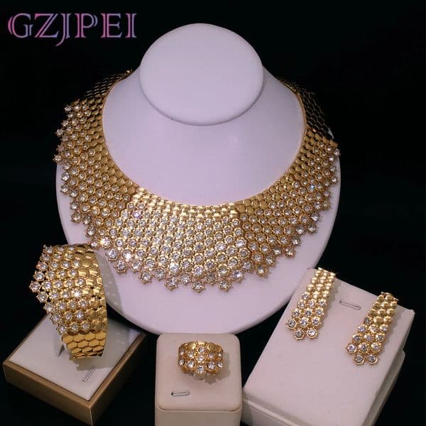 GZJPEI Shiny White Zircon Jewelry Set Italy Nigeria Wedding Jewellery 18K Gold Plated Big Necklace Bracelet Long Drop Earring 251016