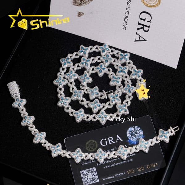 Popular Blue Color Clover Cuban Chain Moissanite Fine Jewelry Custom Iced Out 925 Silver Men Cuban Link Moissanite Necklace