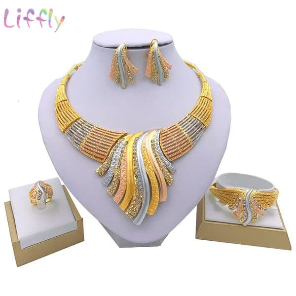 African Dubai 24k Gold Plated Choker Necklace Jewelry Set for Women Bridal Wedding Crystal Bracelet Earrings Jewellery 251016