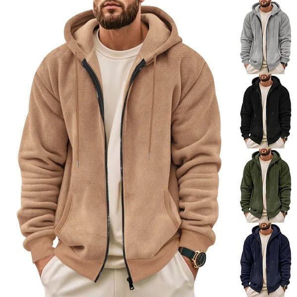 Mens Sweater Coat Fall Winter Composite Velvet Zipper Cardigan Casual Hooded Sweatshirt Fashion Clothing 251015