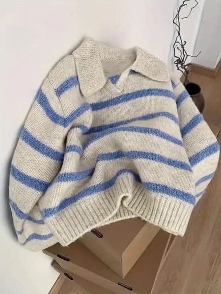 Womens Fashion Casual POLO Collar Striped Knitted Hoodie Soft and Comfortable Intercolor Sweater 251014