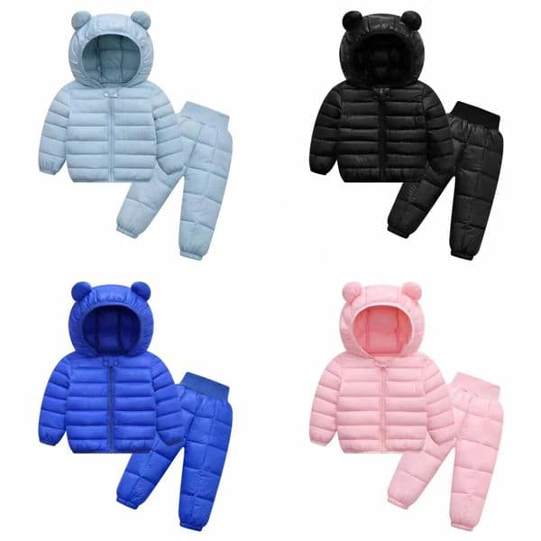 Children Winter 2pce Set Printed Cotton Jacket Boys Cotton Jacket Girls Thickened Bear Ear Children Down Trousers Fleece Jacket 251017