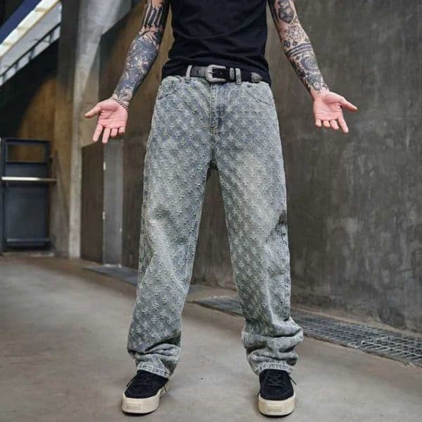 Blue Jeans 12 Models Men Jacquard Pattern Vintage Embossed Streetwear Loose Jeans Male High Street Loose Straight Leg Bottoms Z251008